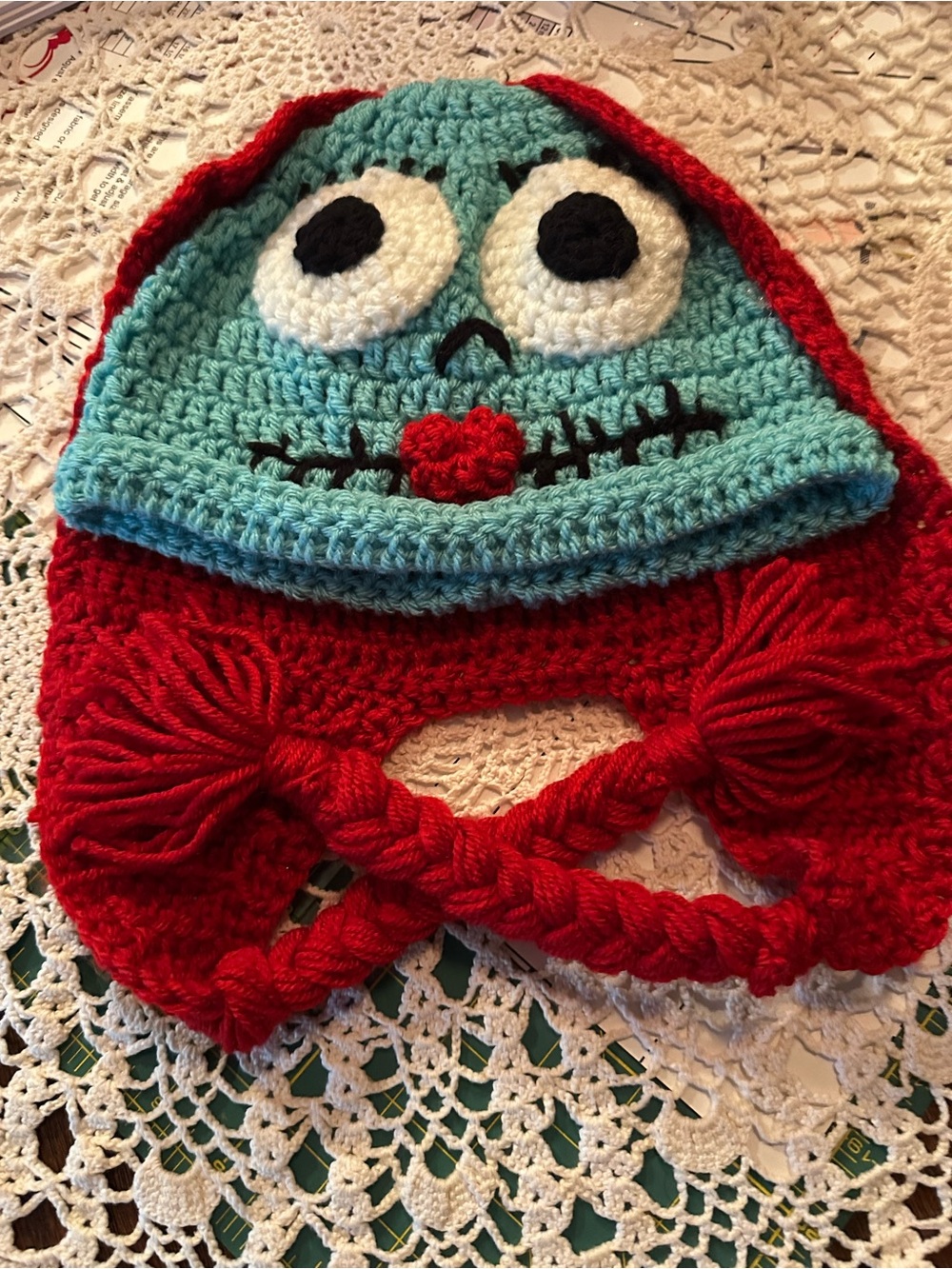Handmade Crochet Character Earflap Hat - Teal & Red - Picture 2 of 4
